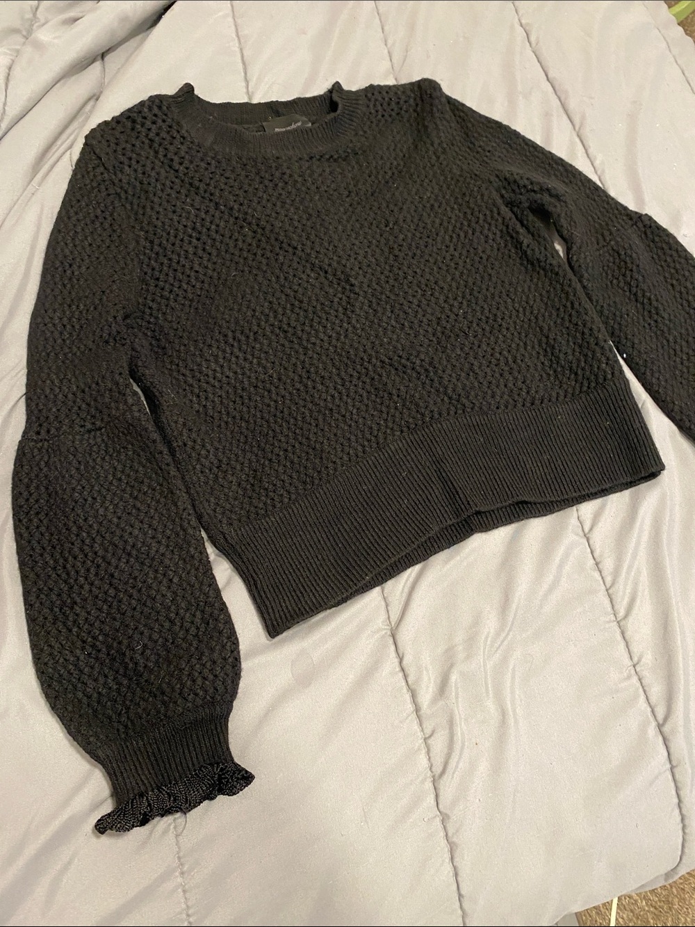 Magaschoni Black Textured Crewneck Sweater with Ruffle Cuffs size small